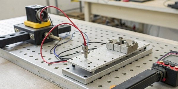 Standard procedure for calibrating a load cell. A workbench with a load cell in a fixture, connected to a power supply and multimeter.