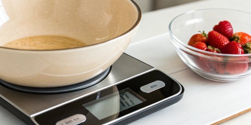 Digital Scale Display After Taring A close-up shot of a digital scale display showing zero after taring a bowl