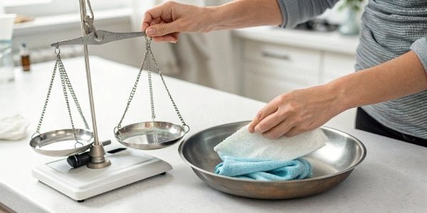 A person safely cleaning a scale's sensor with an alcohol wipe