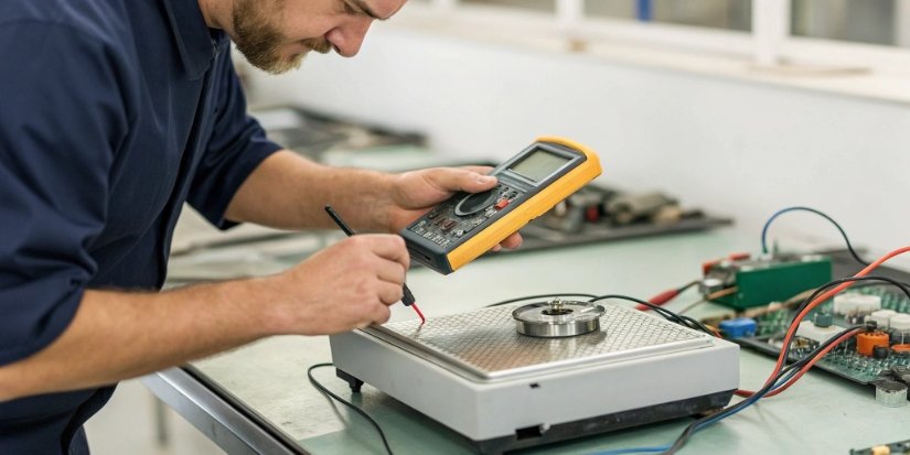 Troubleshooting Digital Scale Errors A technician troubleshooting a digital scale with a multimeter