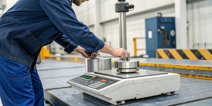 Scale Calibration with Standard Weight A service engineer placing a standard calibration weight onto an industrial platform scale.