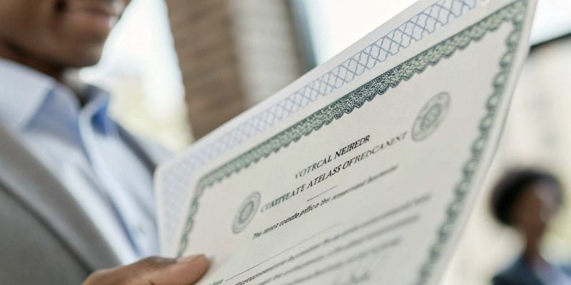 Checking Certificate Details A close-up shot of the details on a certificate, with a focus on the model number and issuing body's name.