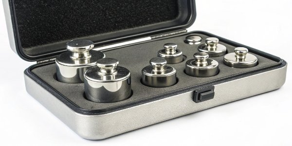 A Set of Certified Calibration Weights A set of certified calibration weights in a protective case.