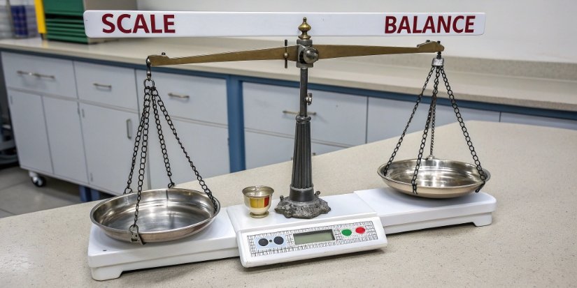 A technical diagram showing the difference between a scale and a balance.