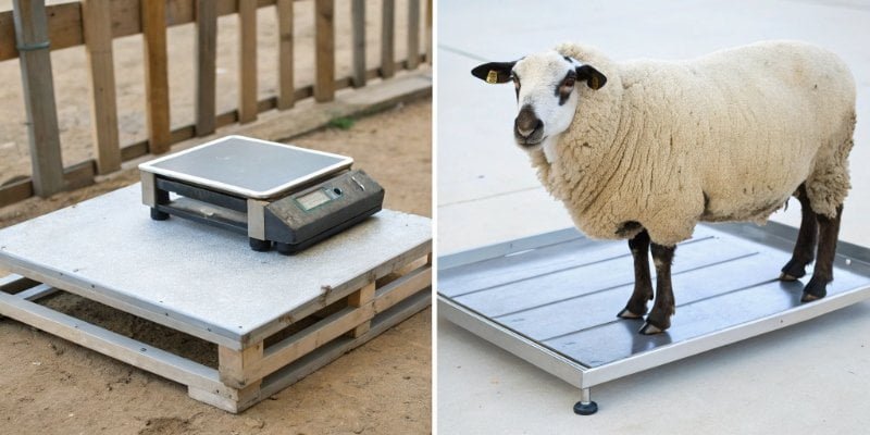 Comparing DIY and Professional Sheep Scales A makeshift DIY sheep scale compared to a professional stainless steel livestock scale.