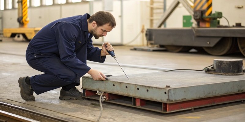 Scale Load Cell Inspection A technician inspecting the load cell of an industrial scale