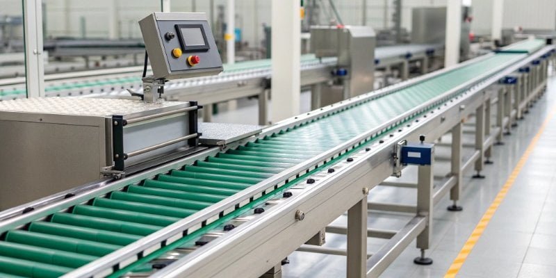 Automated Checkweigher in Manufacturing A checkweigher scale on a conveyor belt rejecting a product