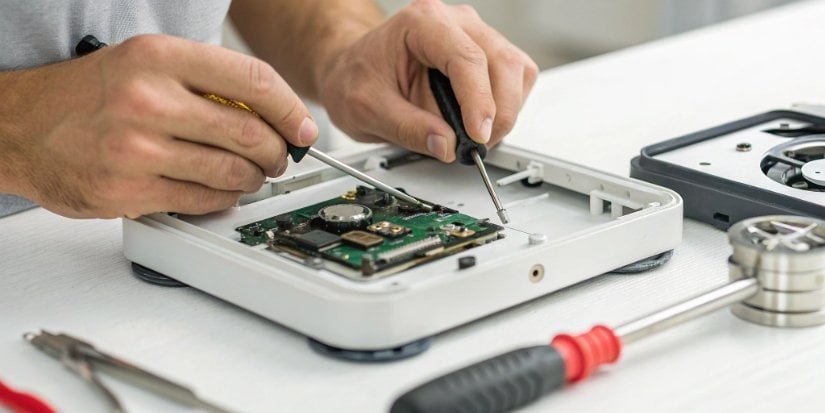 A close-up of a technician's hands repairing the internal components of a weighing scale.