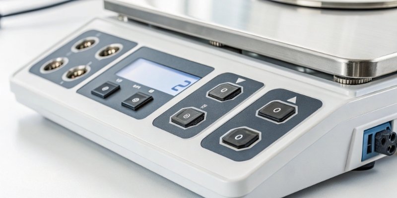 Features of a High-Accuracy Scale A close-up on the digital display and ports of a modern lab scale