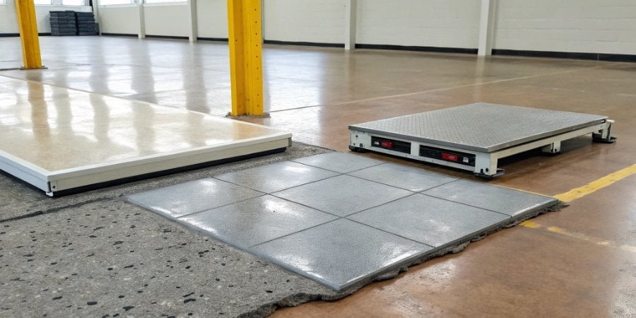 Scale on different floor surfaces A person moving a portable floor scale between two different types of flooring