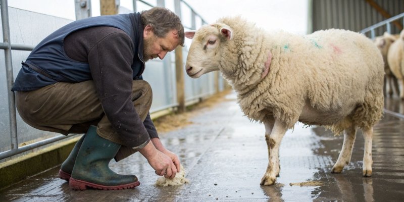 Checking Sheep for Wobbliness A farmer inspecting a sheep's hooves