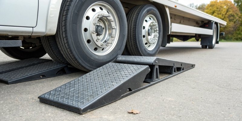 Portable Axle Weighing Pads A pair of portable axle pads on the ground next to a truck's wheel