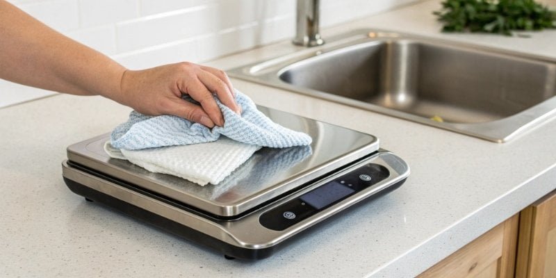 Easy-to-Clean NSF Certified Scale An NSF-certified stainless steel scale being wiped clean in a kitchen