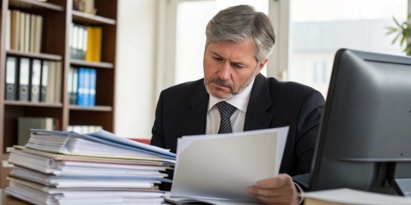 An auditor reviewing a stack of supplier records