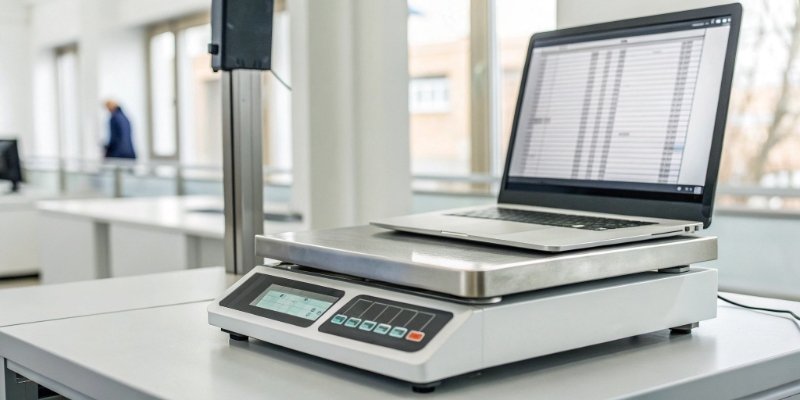 Digital Scale Data Connectivity A digital scale connected to a computer, showing data transfer