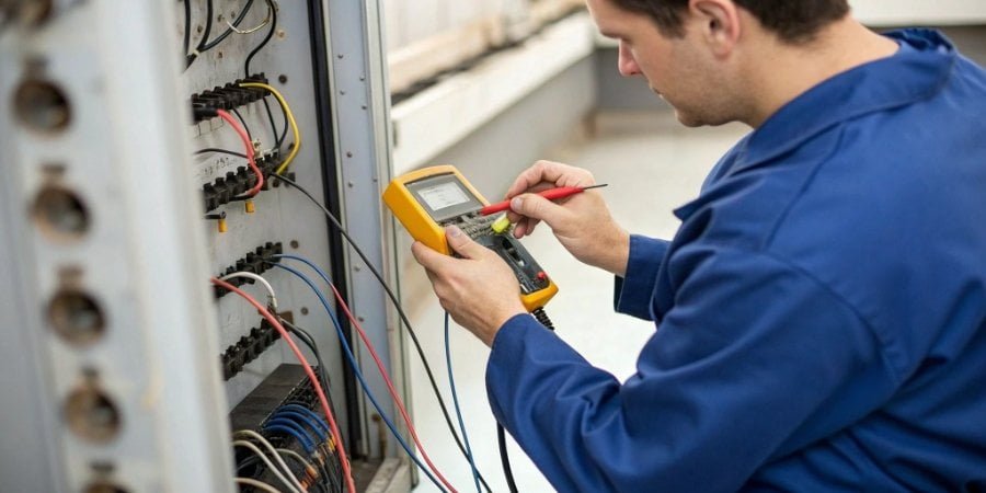 A technician using a multimeter to test the wires of a load cell