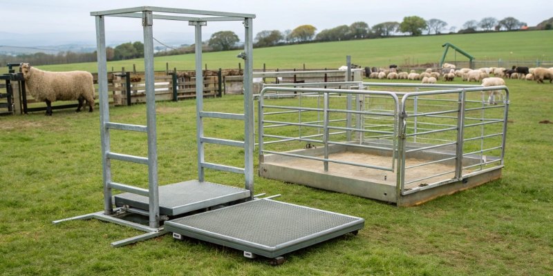 Crate Scale vs. Platform Scale a crate scale next to a platform scale in a farm setting