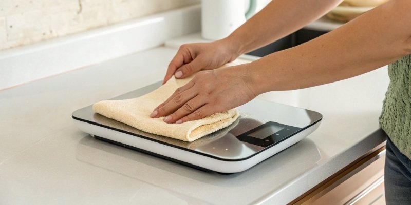 How to Clean a Digital Scale A person gently wiping a digital scale platform with a soft cloth