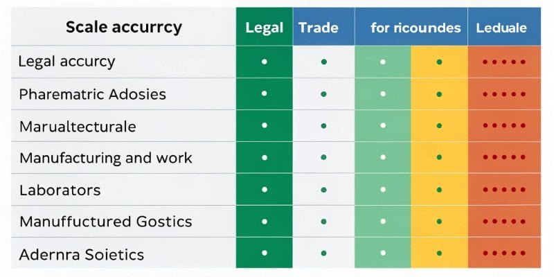 Industrial Scale Accuracy by Application A chart showing different industries and their corresponding required scale accuracy levels.