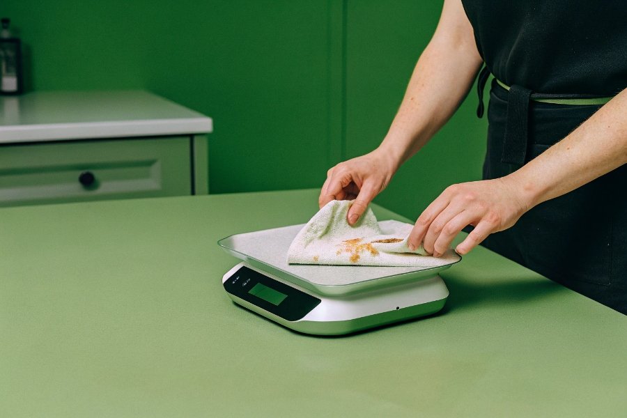 Cleaning a kitchen scale's sensor area A person cleaning under the weighing pan of an electronic scale.