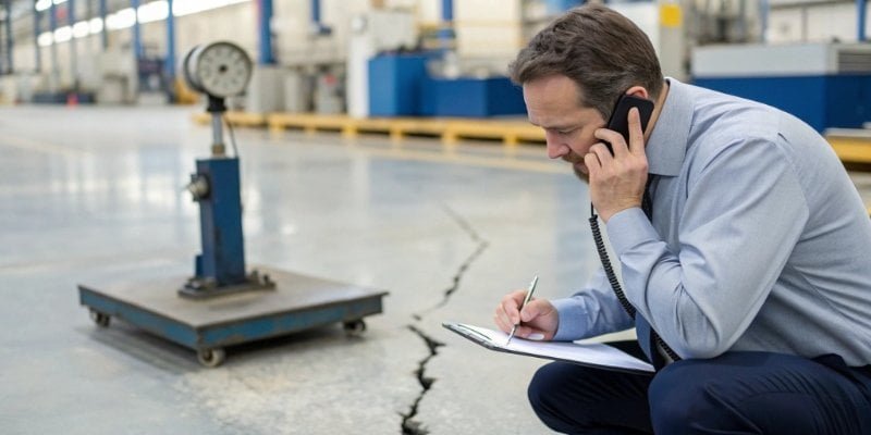 A manager on the phone while looking at a broken scale on the factory floor.