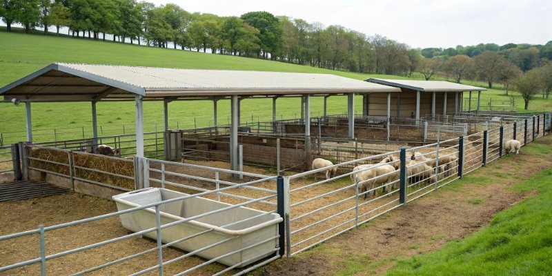 Basic Sheep Care for Beginners A clean and well-organized sheep pen with shelter, feeders, and water troughs