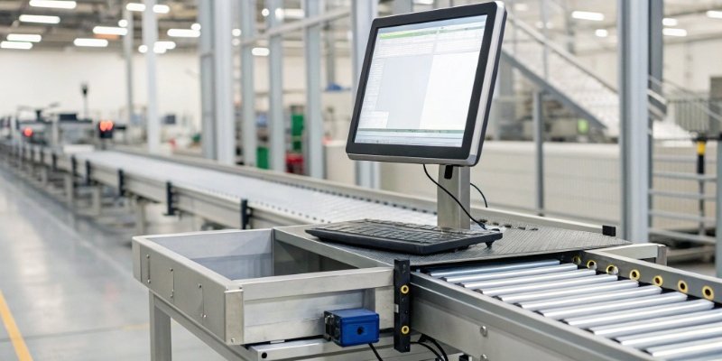 A smart industrial scale connected to a computer system, displaying real-time data and analytics