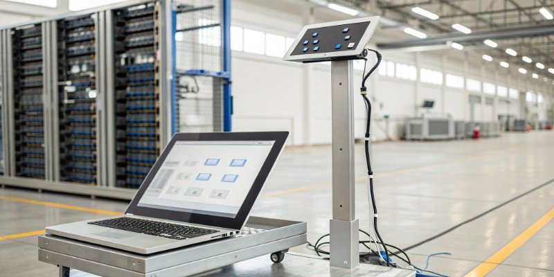 Data Connectivity and Software Integration for Scales A diagram showing an industrial scale connected to a computer, tablet, and cloud server.