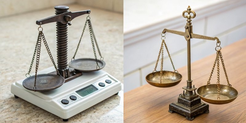 A side-by-side comparison of an old mechanical scale and a modern digital scale.