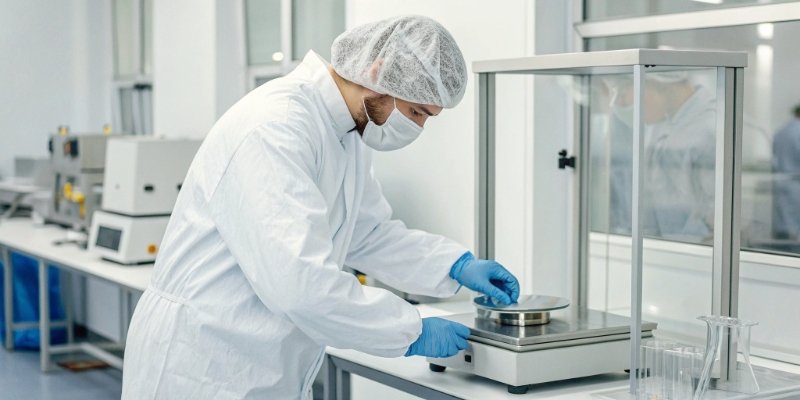 Mettler Toledo in a Pharmaceutical Lab A scientist in a cleanroom using a Mettler Toledo balance
