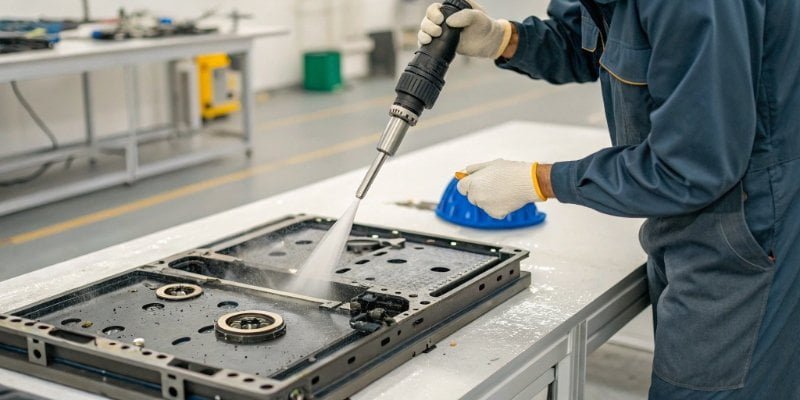 Cleaning an Industrial Scale A technician cleaning an industrial scale's components