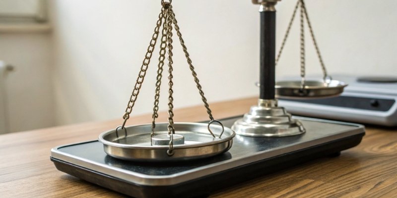 A close-up of a calibration weight on a digital scale platform, showing a perfect reading.