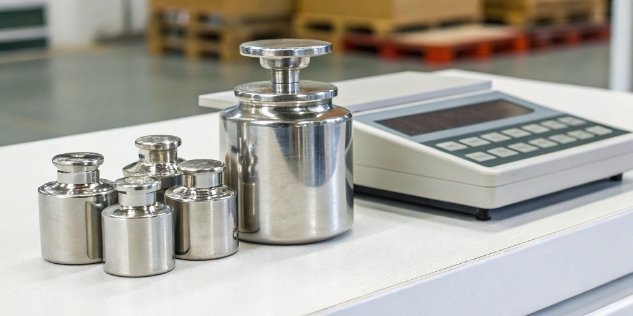 Calibrating a Shipping Scale A set of certified calibration weights next to a commercial shipping scale ready for calibration.