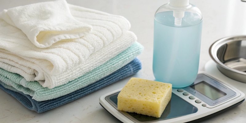 Safe Cleaning Solutions for Digital Scales Safe cleaning supplies including a soft cloth and mild soap solution