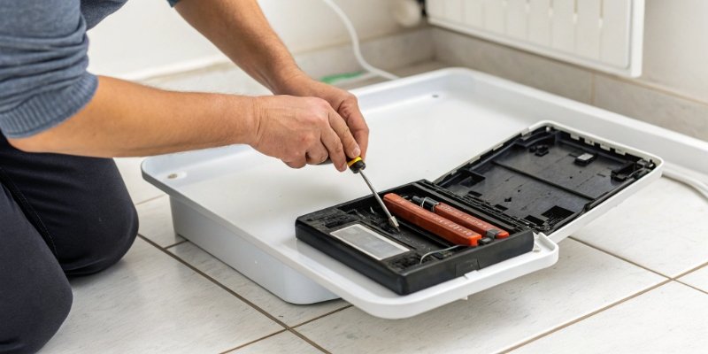 Troubleshooting a Weighing Scale A person methodically checking the battery compartment of a scale