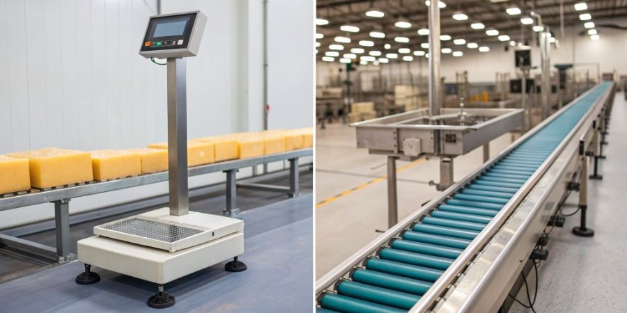 Static Weighing vs. Dynamic Weighing A split image showing a static bench scale on one side and a dynamic conveyor scale on the other