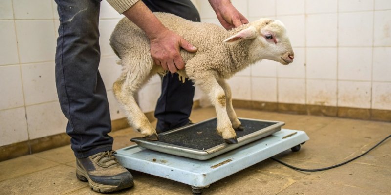 Problems with Weighing a Lamb on a Regular Scale A person trying to hold a squirming lamb still on a flat platform scale