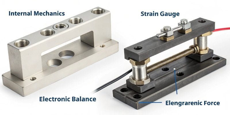 Scale Technology Comparison An illustration comparing the internal mechanics of a strain gauge load cell and an electromagnetic force balance.