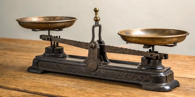 An antique spring scale next to a classic two-pan balance.