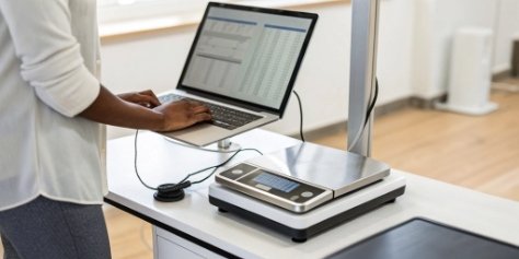 Digital Scale Data Integration and Connectivity A person using a digital scale connected to a computer, showcasing data integration