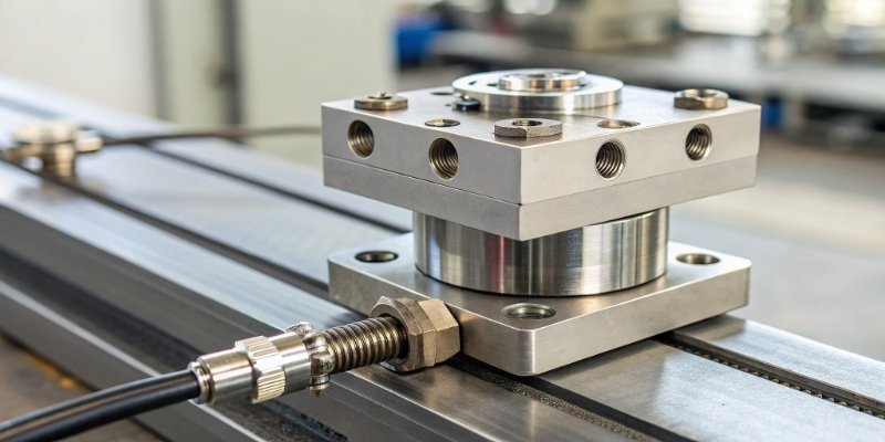 Strain Gauge Load Cell A close-up shot of a high-precision strain gauge load cell.