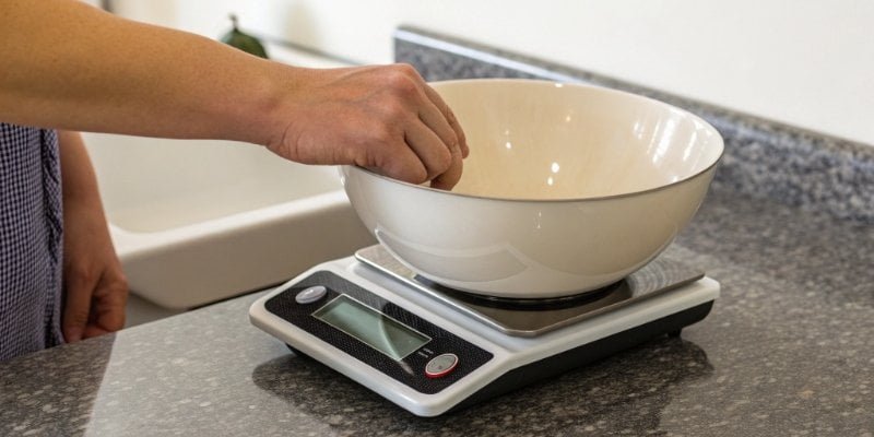 Using the Tare Button to Measure Net Weight A person pressing the Tare button on a scale that has a bowl on it, with the display reading zero.