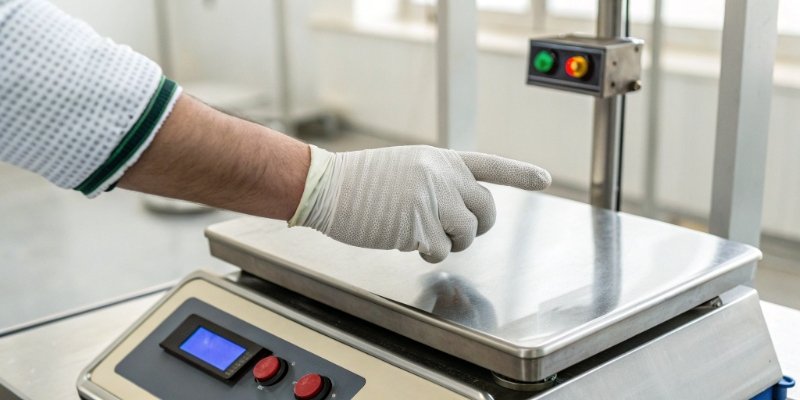 Using the Tare Function on an Industrial Scale A gloved hand pressing the 'Tare' button on an industrial scale.