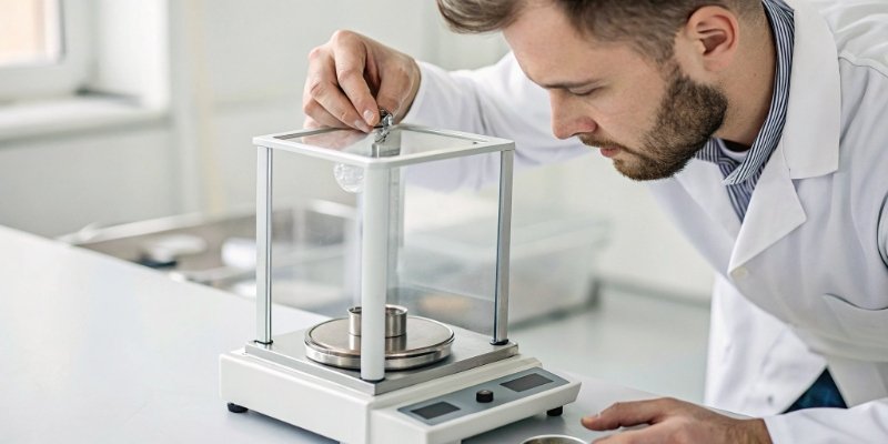 External Calibration Process A technician placing a certified calibration weight on a balance.
