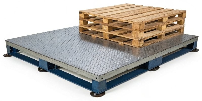Choosing the Right Industrial Scale Size An industrial floor scale with a pallet on it, showing correct sizing.