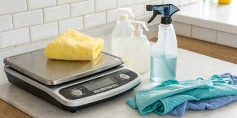 Cleaning A Digital Scale Cleaning supplies next to a digital kitchen scale