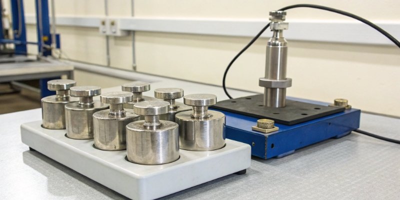 Using known weights to test a load cell's output. A set of calibrated weights placed neatly next to a load cell on a testing platform.
