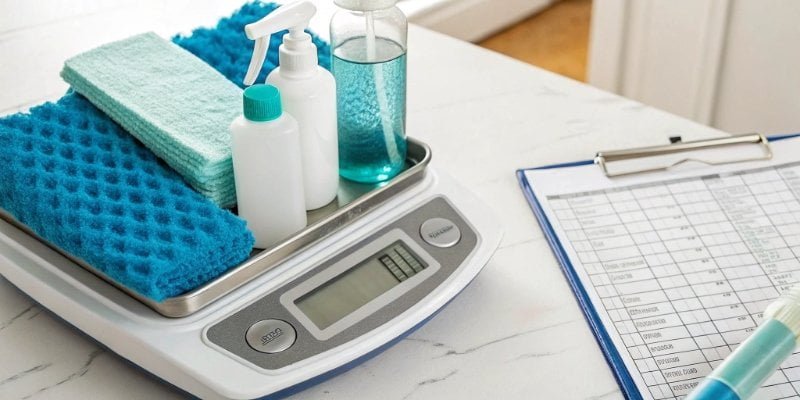 Routine Maintenance for Digital Scales A maintenance checklist next to a clean digital scale with cleaning supplies