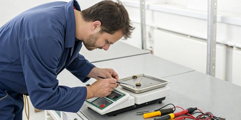 A technician carefully recalibrating a digital scale with a set of standard weights.