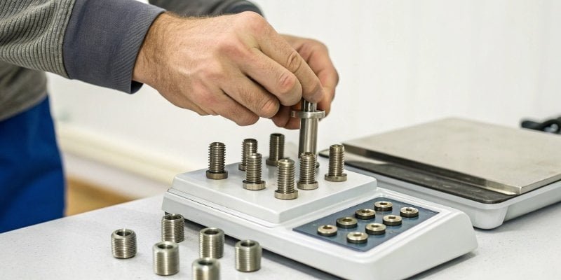 Accurate Parts Sampling A hand placing a small sample of bolts onto a counting scale